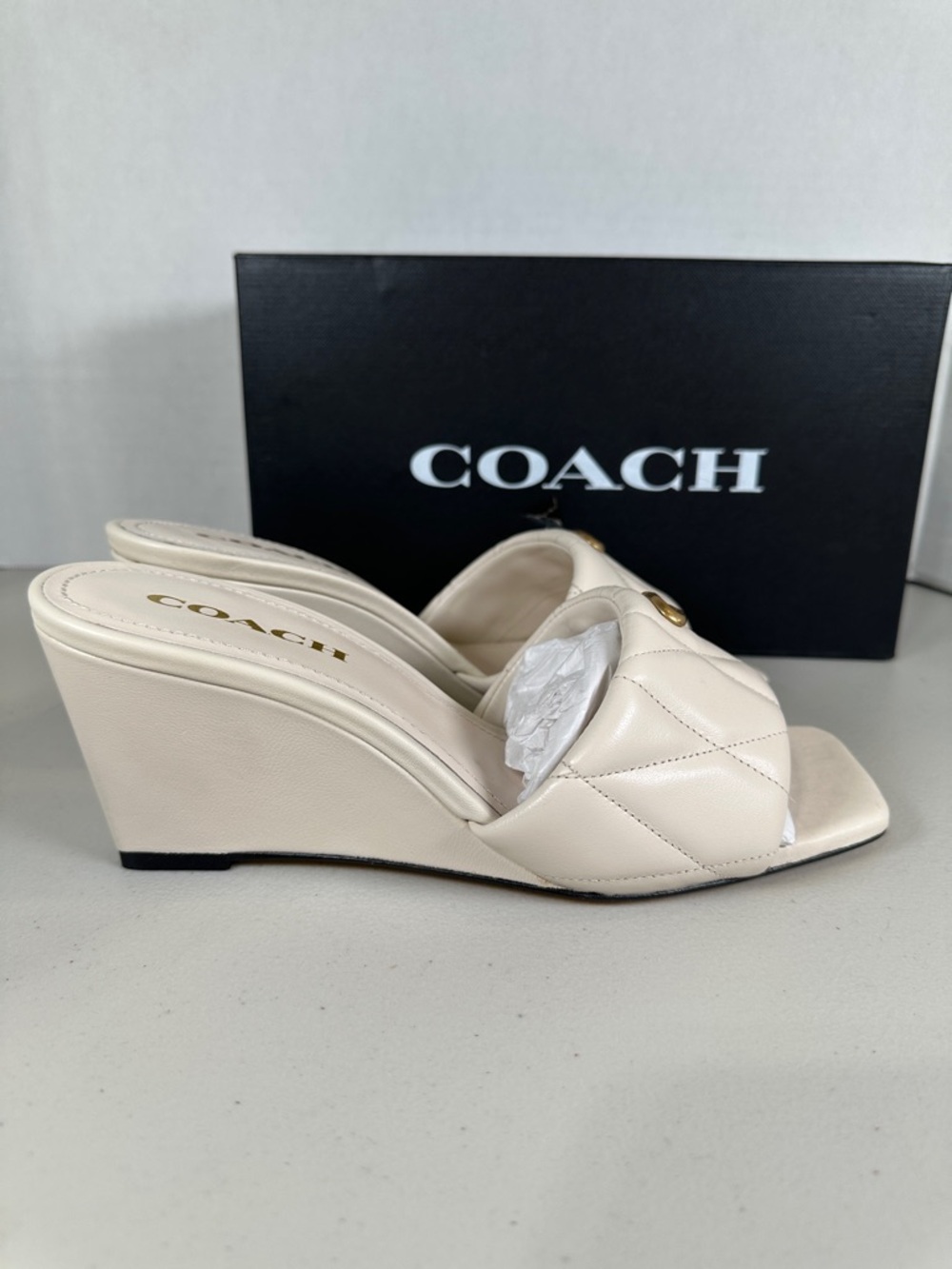 Coach Cream Quilted Leather Wedge Slide Mules - Picture 3 of 6